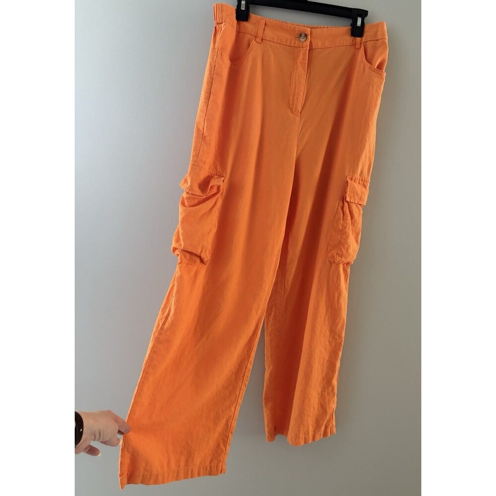 Happily Grey Cargo Pants Womens XL Orange Wide Leg Linen Blend Lagenlook Coastal